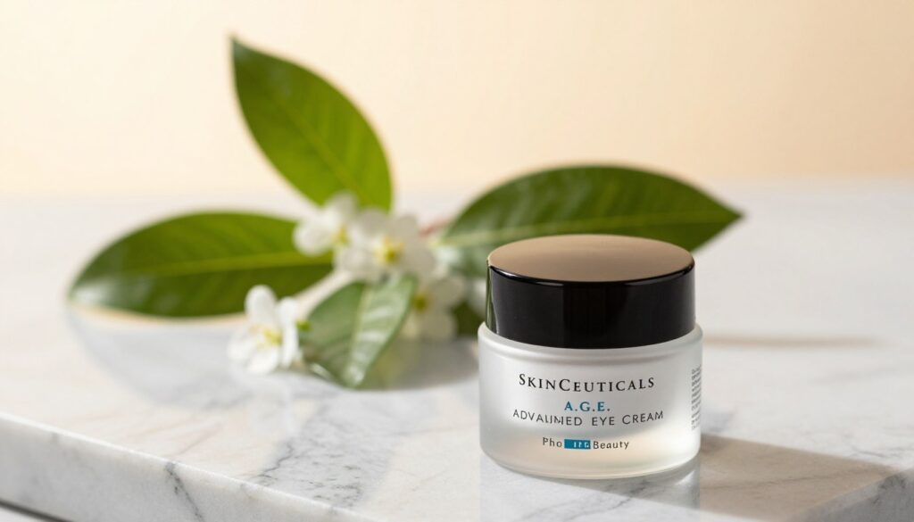 A beautifully arranged display of SkinCeuticals A.G.E. Advanced Eye Cream from the brand PharmaBeauty, placed prominently in the foreground on a sleek marble surface. The eye cream jar, elegantly designed with a black lid and a frosted glass container, reflects soft, natural lighting that enhances the product's luxurious appearance. In the middle ground, include a few fresh green leaves and delicate white flowers, softly blurred to create a serene atmosphere. The background features a light, warm gradient that adds depth and softness to the image, evoking a tranquil and inviting mood. The entire composition is shot from a slight top-down angle, capturing the richness of the eye cream while maintaining a clean and polished look. A beautifully arranged display of SkinCeuticals A.G.E. Advanced Eye Cream from the brand PharmaBeauty, placed prominently in the foreground on a sleek marble surface. The eye cream jar, elegantly designed with a black lid and a frosted glass container, reflects soft, natural lighting that enhances the product's luxurious appearance. In the middle ground, include a few fresh green leaves and delicate white flowers, softly blurred to create a serene atmosphere. The background features a light, warm gradient that adds depth and softness to the image, evoking a tranquil and inviting mood. The entire composition is shot from a slight top-down angle, capturing the richness of the eye cream while maintaining a clean and polished look.