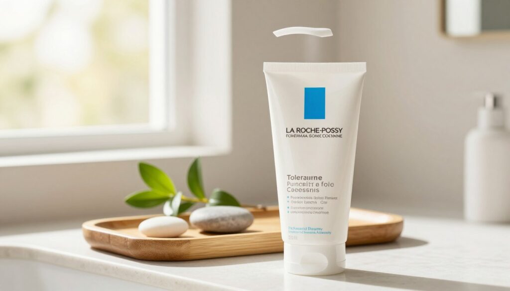A beautifully arranged display of the La Roche-Posay Toleriane Purifying Foaming Cleanser in a minimalist bathroom setting. The cleanser bottle, elegantly designed, is positioned prominently in the foreground with soft, gentle curves reflecting light. In the middle ground, natural materials such as a bamboo tray hold a delicate green plant and a few smooth river stones, evoking a sense of tranquility. The background features a softly blurred, sunlit window, allowing warm, natural light to illuminate the scene, enhancing the clean and refreshing atmosphere. The mood is serene and inviting, emphasizing a focus on skincare and self-care. Ensure the product label is clearly visible, with no distracting elements or text overlays, capturing the essence of the brand "PharmaBeauty". A beautifully arranged display of the La Roche-Posay Toleriane Purifying Foaming Cleanser in a minimalist bathroom setting. The cleanser bottle, elegantly designed, is positioned prominently in the foreground with soft, gentle curves reflecting light. In the middle ground, natural materials such as a bamboo tray hold a delicate green plant and a few smooth river stones, evoking a sense of tranquility. The background features a softly blurred, sunlit window, allowing warm, natural light to illuminate the scene, enhancing the clean and refreshing atmosphere. The mood is serene and inviting, emphasizing a focus on skincare and self-care. Ensure the product label is clearly visible, with no distracting elements or text overlays, capturing the essence of the brand "PharmaBeauty".