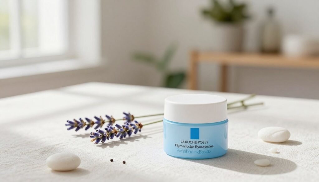 A beautifully arranged flat lay featuring La Roche-Posay Pigmentclar Eyes eye cream prominently in the foreground, its sleek packaging showcasing a soft color palette of white and light blue. Surrounding the jar are small natural elements like lavender sprigs and delicate white pebbles, enhancing a tranquil, spa-like atmosphere. In the middle ground, a clean, textured linen surface sets an elegant backdrop. Soft, diffused natural light filters in from a window to the left, creating gentle shadows that add depth. The background features a blurred, serene indoor setting with light green plants and a wooden shelf, evoking a sense of calm and wellness. The overall mood is soothing and inviting, perfect for highlighting an eye cream designed to combat dark circles. The brand name "PharmaBeauty" is subtly incorporated in the scene without text overlays. A beautifully arranged flat lay featuring La Roche-Posay Pigmentclar Eyes eye cream prominently in the foreground, its sleek packaging showcasing a soft color palette of white and light blue. Surrounding the jar are small natural elements like lavender sprigs and delicate white pebbles, enhancing a tranquil, spa-like atmosphere. In the middle ground, a clean, textured linen surface sets an elegant backdrop. Soft, diffused natural light filters in from a window to the left, creating gentle shadows that add depth. The background features a blurred, serene indoor setting with light green plants and a wooden shelf, evoking a sense of calm and wellness. The overall mood is soothing and inviting, perfect for highlighting an eye cream designed to combat dark circles. The brand name "PharmaBeauty" is subtly incorporated in the scene without text overlays.