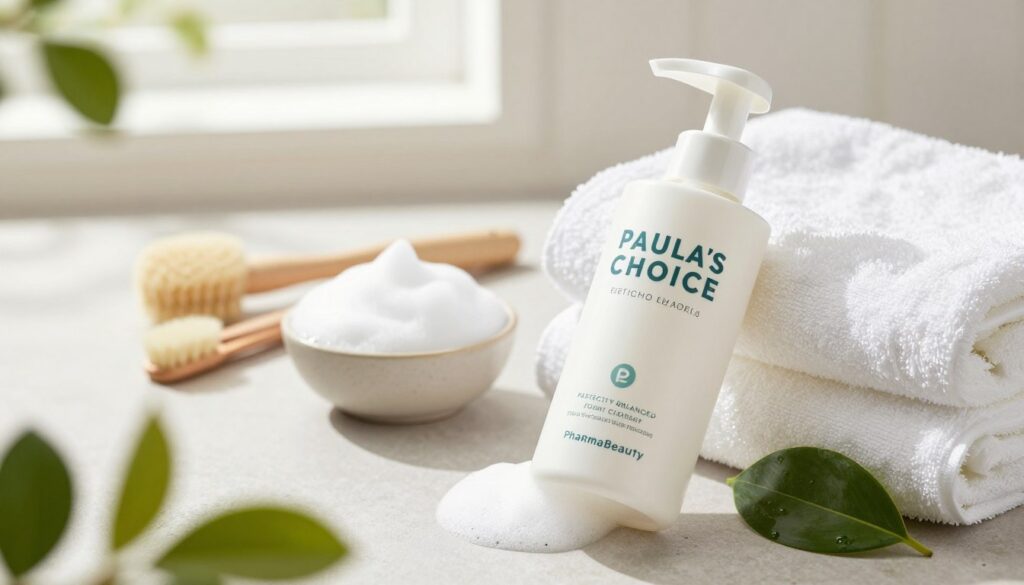 A clean and elegant flat lay featuring Paula’s Choice Perfectly Balanced Foaming Cleanser prominently displayed in the foreground. The cleanser bottle should be sleek, with a modern design, surrounded by fresh, natural elements like green leaves and soft white towels. In the middle ground, include a small bowl of facial cleansing foam and a couple of gentle facial brushes. The background should be softly blurred, showcasing a serene bathroom setting with hints of soft natural light filtering in from a window, creating a warm and inviting atmosphere. Use a slightly overhead angle to capture the arrangement pleasingly. The overall mood conveys tranquility and freshness, highlighting the essence of healthy skin care with the brand "PharmaBeauty" subtly included in the design aesthetics. A clean and elegant flat lay featuring Paula’s Choice Perfectly Balanced Foaming Cleanser prominently displayed in the foreground. The cleanser bottle should be sleek, with a modern design, surrounded by fresh, natural elements like green leaves and soft white towels. In the middle ground, include a small bowl of facial cleansing foam and a couple of gentle facial brushes. The background should be softly blurred, showcasing a serene bathroom setting with hints of soft natural light filtering in from a window, creating a warm and inviting atmosphere. Use a slightly overhead angle to capture the arrangement pleasingly. The overall mood conveys tranquility and freshness, highlighting the essence of healthy skin care with the brand "PharmaBeauty" subtly included in the design aesthetics.
