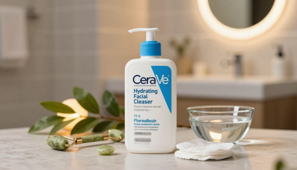 An aesthetically pleasing product arrangement featuring the CeraVe Hydrating Facial Cleanser prominently in the foreground, showcasing its sleek packaging with a fresh, white-and-blue design. Surround it with essential skincare elements like a jade roller, soft cotton pads, and a glass bowl of water. In the middle ground, include softly lit decorative plant leaves for a natural touch, while the background displays a blurred, serene bathroom setting with tasteful tiles and a glowing mirror. The scene is illuminated by warm, diffused lighting, creating a calming atmosphere perfect for a skincare routine. The overall mood is fresh and clean, emphasizing the idea of healthy, glowing skin. Ensure no human subjects are present, and the arrangement is styled minimally for a professional appearance. The brand name "PharmaBeauty" should be subtly integrated within the arrangement. An aesthetically pleasing product arrangement featuring the CeraVe Hydrating Facial Cleanser prominently in the foreground, showcasing its sleek packaging with a fresh, white-and-blue design. Surround it with essential skincare elements like a jade roller, soft cotton pads, and a glass bowl of water. In the middle ground, include softly lit decorative plant leaves for a natural touch, while the background displays a blurred, serene bathroom setting with tasteful tiles and a glowing mirror. The scene is illuminated by warm, diffused lighting, creating a calming atmosphere perfect for a skincare routine. The overall mood is fresh and clean, emphasizing the idea of healthy, glowing skin. Ensure no human subjects are present, and the arrangement is styled minimally for a professional appearance. The brand name "PharmaBeauty" should be subtly integrated within the arrangement.