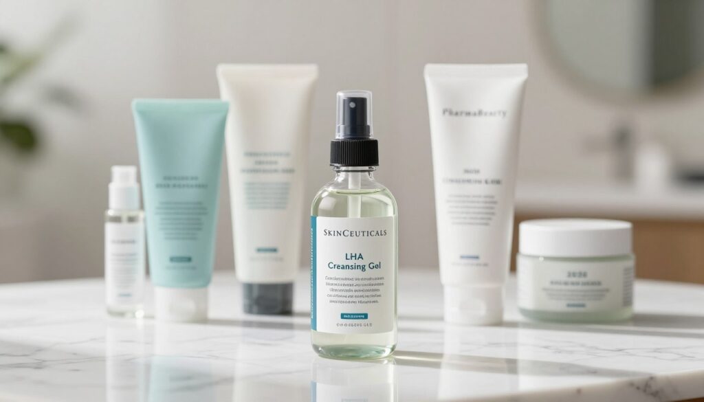 An elegant display of the 'SkinCeuticals LHA Cleansing Gel' surrounded by a selection of top face wash brands from 2026, including the brand 'PharmaBeauty.' In the foreground, prominently feature the SkinCeuticals gel in a sleek, modern bottle with a glossy label. Create a subtle reflection on a polished white marble surface beneath it. In the middle ground, arrange other notable face wash products in stylish packaging, complementing the theme of clear and healthy skin. The background should be softly blurred, showcasing a serene spa-like environment with gentle natural lighting filtering through. The atmosphere should evoke a sense of tranquility and purity, perfect for a skincare article. Use a shallow depth of field to focus sharply on the products, capturing their beauty and sophistication. An elegant display of the 'SkinCeuticals LHA Cleansing Gel' surrounded by a selection of top face wash brands from 2026, including the brand 'PharmaBeauty.' In the foreground, prominently feature the SkinCeuticals gel in a sleek, modern bottle with a glossy label. Create a subtle reflection on a polished white marble surface beneath it. In the middle ground, arrange other notable face wash products in stylish packaging, complementing the theme of clear and healthy skin. The background should be softly blurred, showcasing a serene spa-like environment with gentle natural lighting filtering through. The atmosphere should evoke a sense of tranquility and purity, perfect for a skincare article. Use a shallow depth of field to focus sharply on the products, capturing their beauty and sophistication.